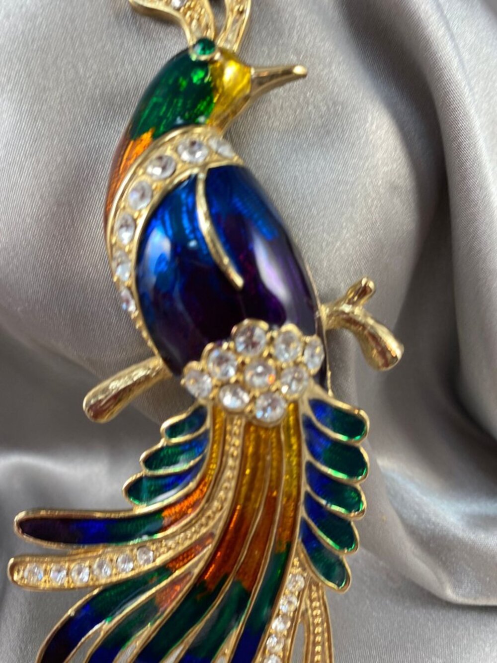 Vintage Bird of Paradise Brooch Large 5.5" Blue Green Enamel Rhinestone Gold Ton - Picture 4 of 7